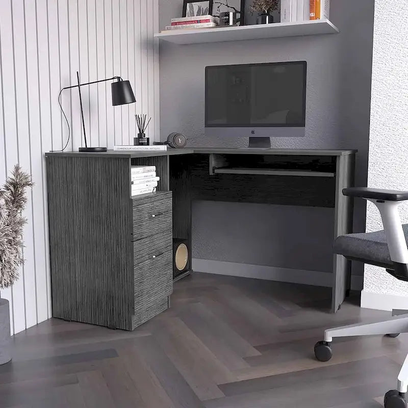 Bureau en L avec tablette pour clavier, finition chêne fumé, de haute qualité et durable.