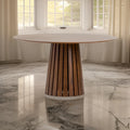Cid Xeu 54 Inch Dining Table, Round Walnut Veneer, Slatted Pedestal Base