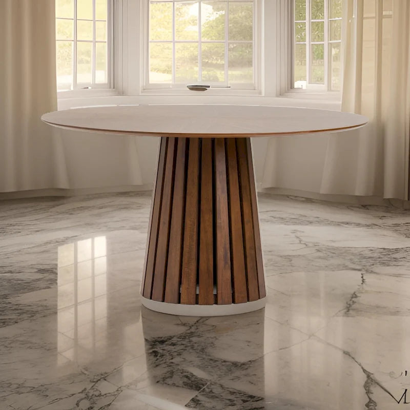 Cid Xeu 54 Inch Dining Table, Round Walnut Veneer, Slatted Pedestal Base